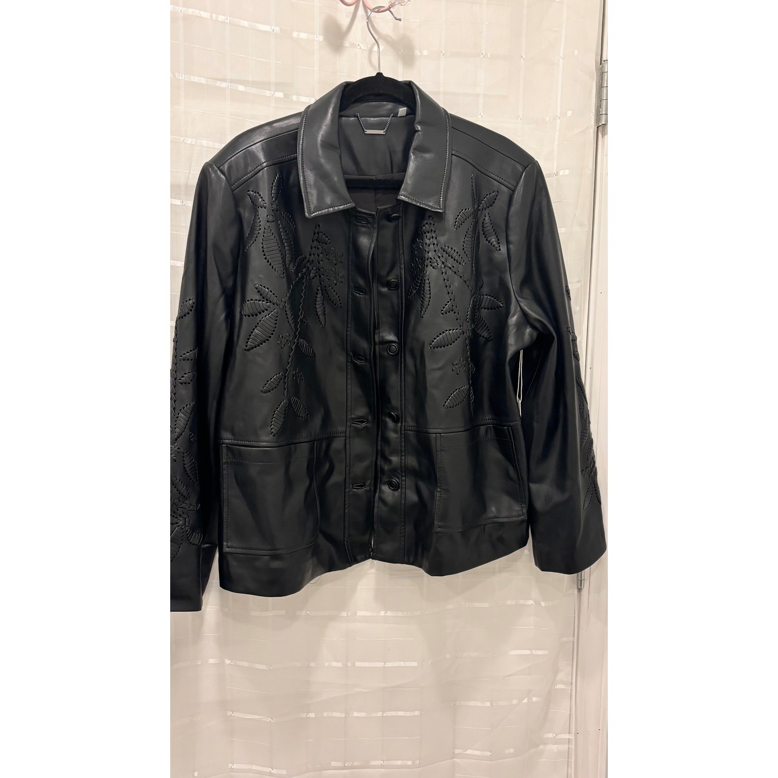 Chico's Black Floral Faux Leather Jacket Size 4xl Nwt